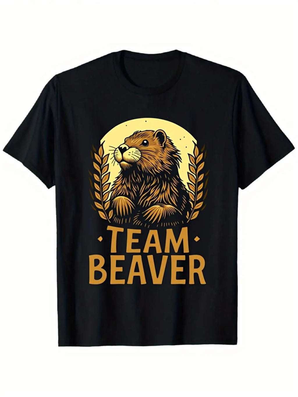 Vintage Men's Black Graphic T-Shirt Beaver Team Slogan Wildlife Animal Laurel Wreath Moon Retro Graphic 100% Cotton Heavyweight Short Sleeve Casual Streetwear Tee