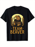 Vintage Men's Black Graphic T-Shirt Beaver Team Slogan Wildlife Animal Laurel Wreath Moon Retro Graphic 100% Cotton Heavyweight Short Sleeve Casual Streetwear Tee