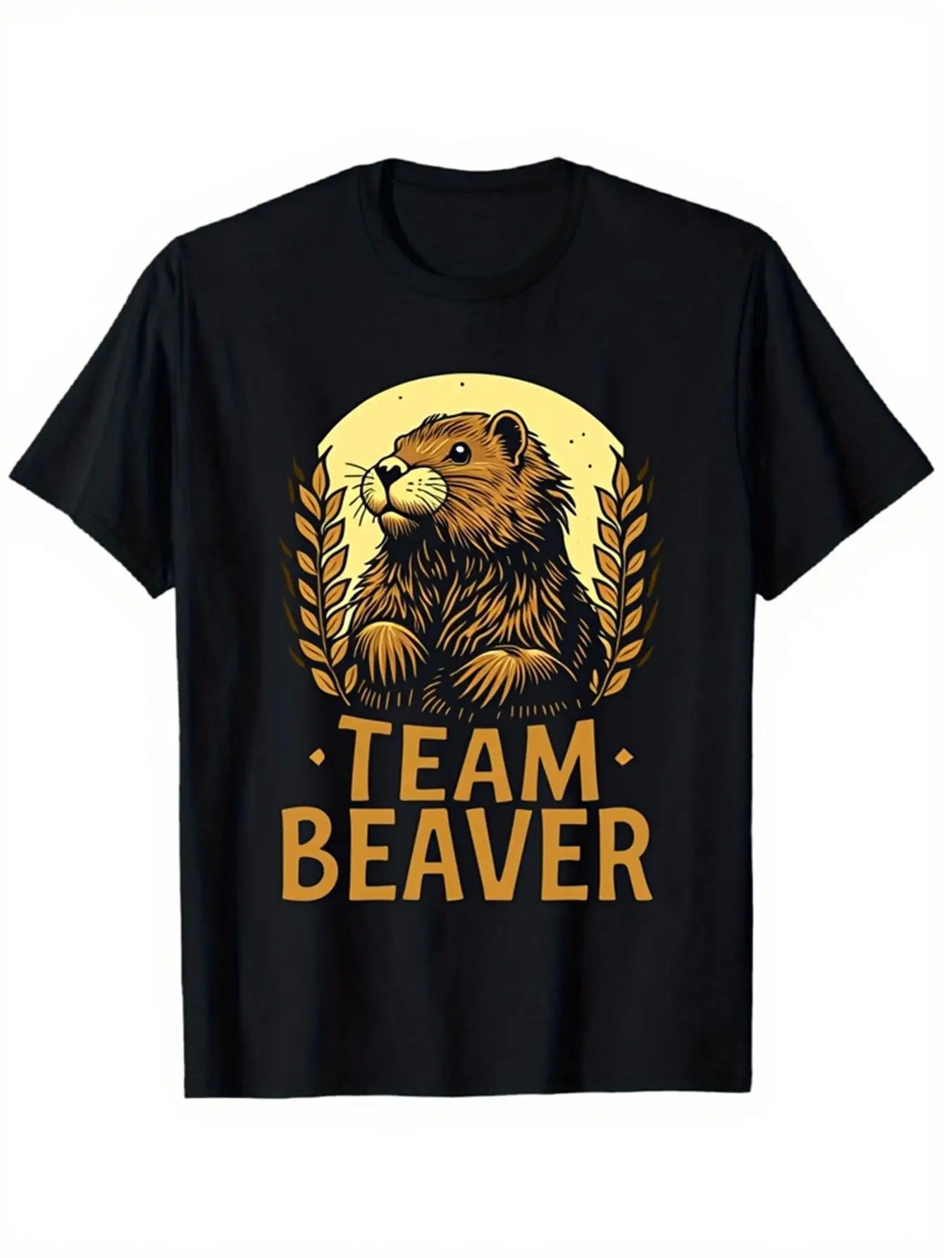 Vintage Men's Black Graphic T-Shirt Beaver Team Slogan Wildlife Animal Laurel Wreath Moon Retro Graphic 100% Cotton Heavyweight Short Sleeve Casual Streetwear Tee
