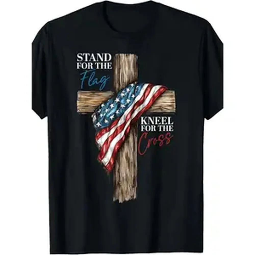 Retro Patriotic Faith T-Shirt, Stand for The Flag & Kneel for The Cross Religious Tee, Faith Tshirt, Faith Apparel for Church & National Events Casual Wear, Machine Washable
