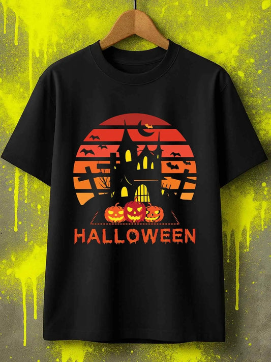 Vintage Men's Black Graphic T-Shirt Halloween Haunted House Pumpkin Bat Moon Sunset Retro Graphic 100% Cotton Heavyweight Short Sleeve Casual Streetwear Tee