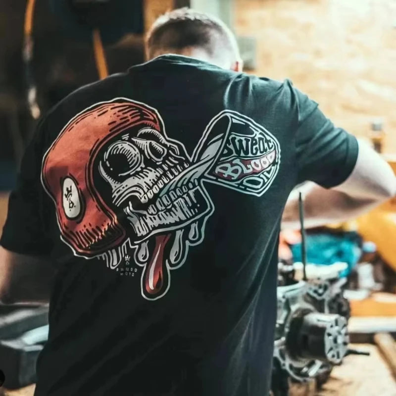 2025 New Summer Biker Drinking Beer Skull Graphic Men's Cotton T-Shirt Punk Rock Streetwear Vintage Halloween Party Casual HOT
