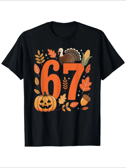 Vintage Men's Black Graphic T-Shirt 67 Turkey Pumpkin Corn Acorn Autumn Leaves Harvest Festival Number Print 100% Cotton Heavyweight Short Sleeve Casual Streetwear Tee