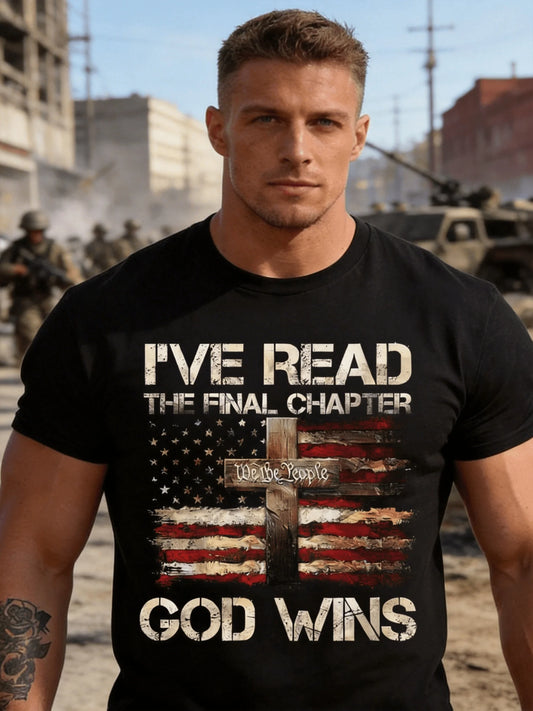 Plus-size, Patriotic Religious-themed Black T-shirt, Printed with the Words "I Read the Last Chapter, " Vintage American Flag and Cross Motifs, the Phrase "We the People, " and the Declaration "God Is Victorious"- Round-neck T-shirt