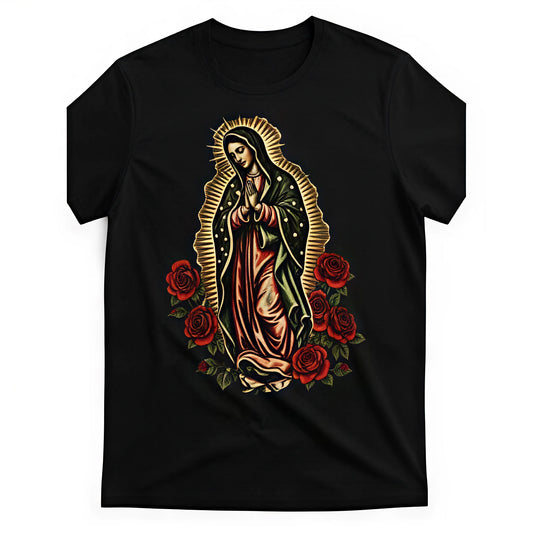 Cotton Golf Gift T-Shirt For Men and Women Men Sports Style T Shirt With Guadalupe Mary Graphic And Red Roses Moisture Wicking Breathable Fabric For Athleisure Casual Wear Durable Fitness Apparel