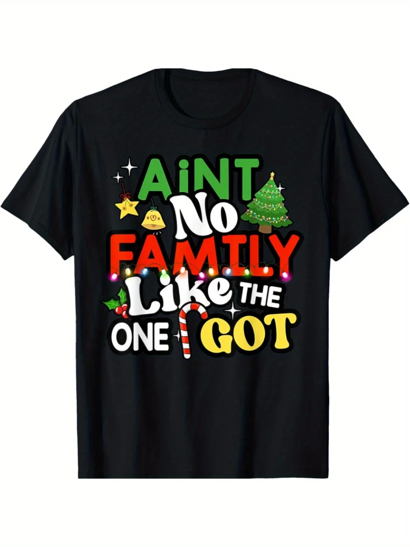 Funny Men's Black Graphic T-Shirt Festive Family Quote Christmas Tree Candy Cane Holly Star Lights Bold Letter Print 100% Cotton Heavyweight Short Sleeve Casual Streetwear Tee