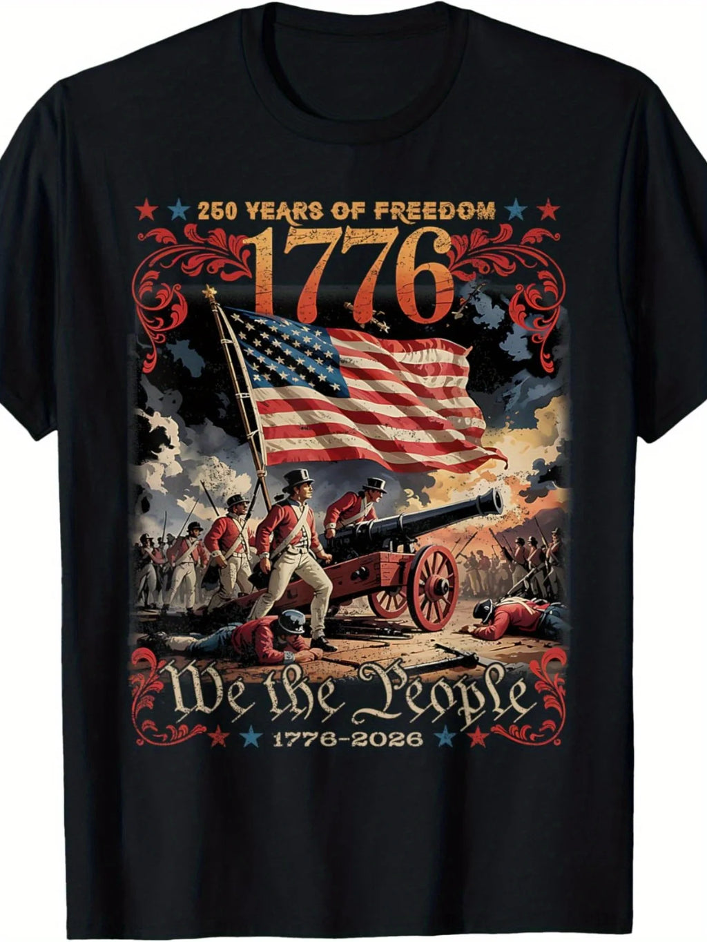 Men'S T-Shirt Celebrating The 250Th Anniversary of America from 1776 to 2026, Featuring a 'Freedom' Design with Images of Founding Fathers, Soldiers, And Cannons. This Retro Patriotic Apparel Is Perfect for Independence Day on July 4Th And Offers a