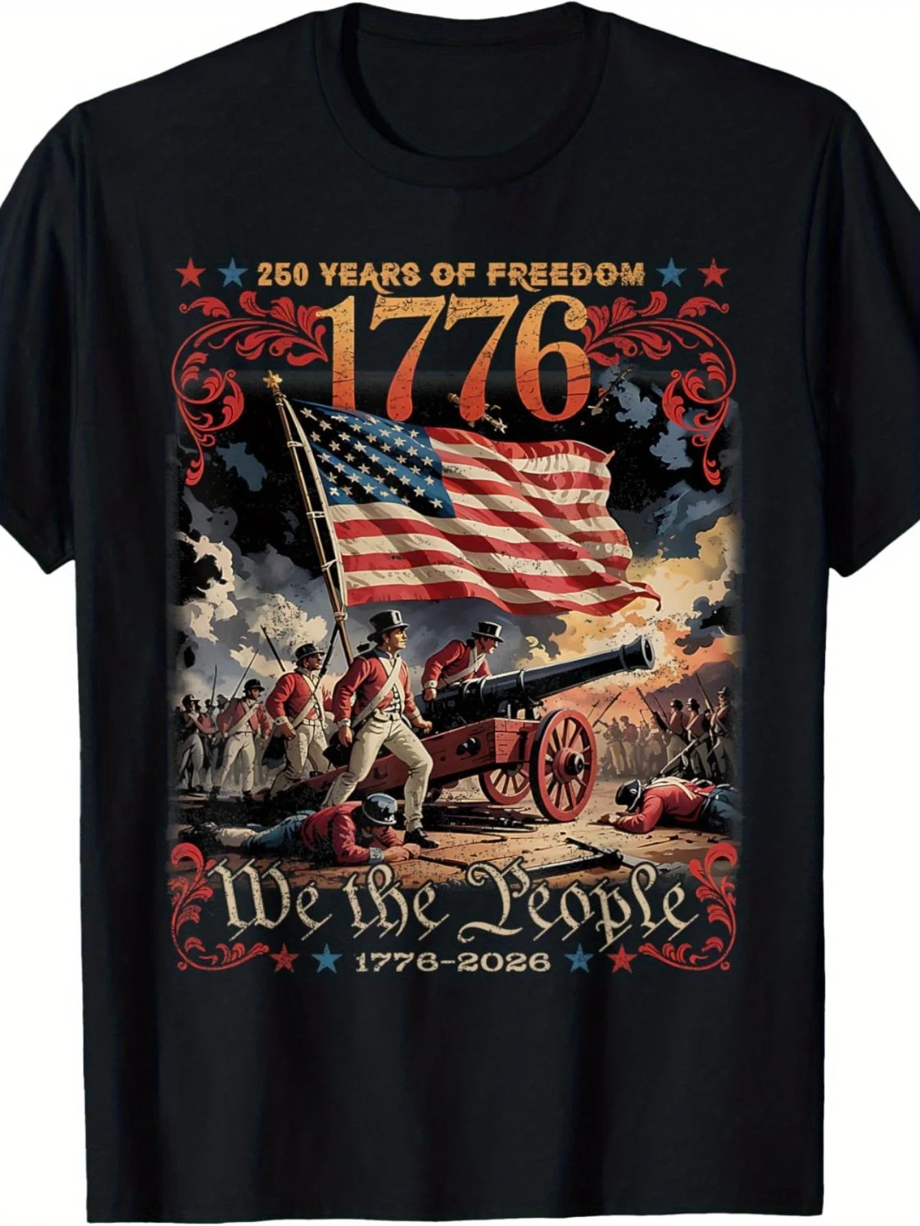 Men'S T-Shirt Celebrating The 250Th Anniversary of America from 1776 to 2026, Featuring a 'Freedom' Design with Images of Founding Fathers, Soldiers, And Cannons. This Retro Patriotic Apparel Is Perfect for Independence Day on July 4Th And Offers a