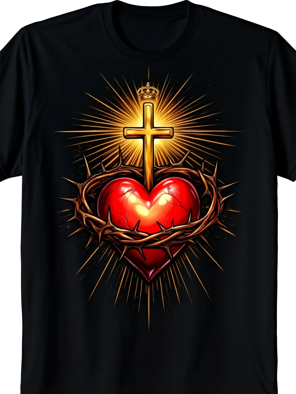 Sacred Heart of Jesus Catholic Faith Oversize Tshirt Black Soft Crew Neck Short Sleeve Tee with Radiant Red Heart Crown Cross Design Religious Apparel for Men Casual Wear Sports10Retro Casual Short-sleeved T-shirt with a Round Neck and Printed