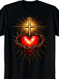 Sacred Heart of Jesus Catholic Faith Oversize Tshirt Black Soft Crew Neck Short Sleeve Tee with Radiant Red Heart Crown Cross Design Religious Apparel for Men Casual Wear Sports10Retro Casual Short-sleeved T-shirt with a Round Neck and Printed