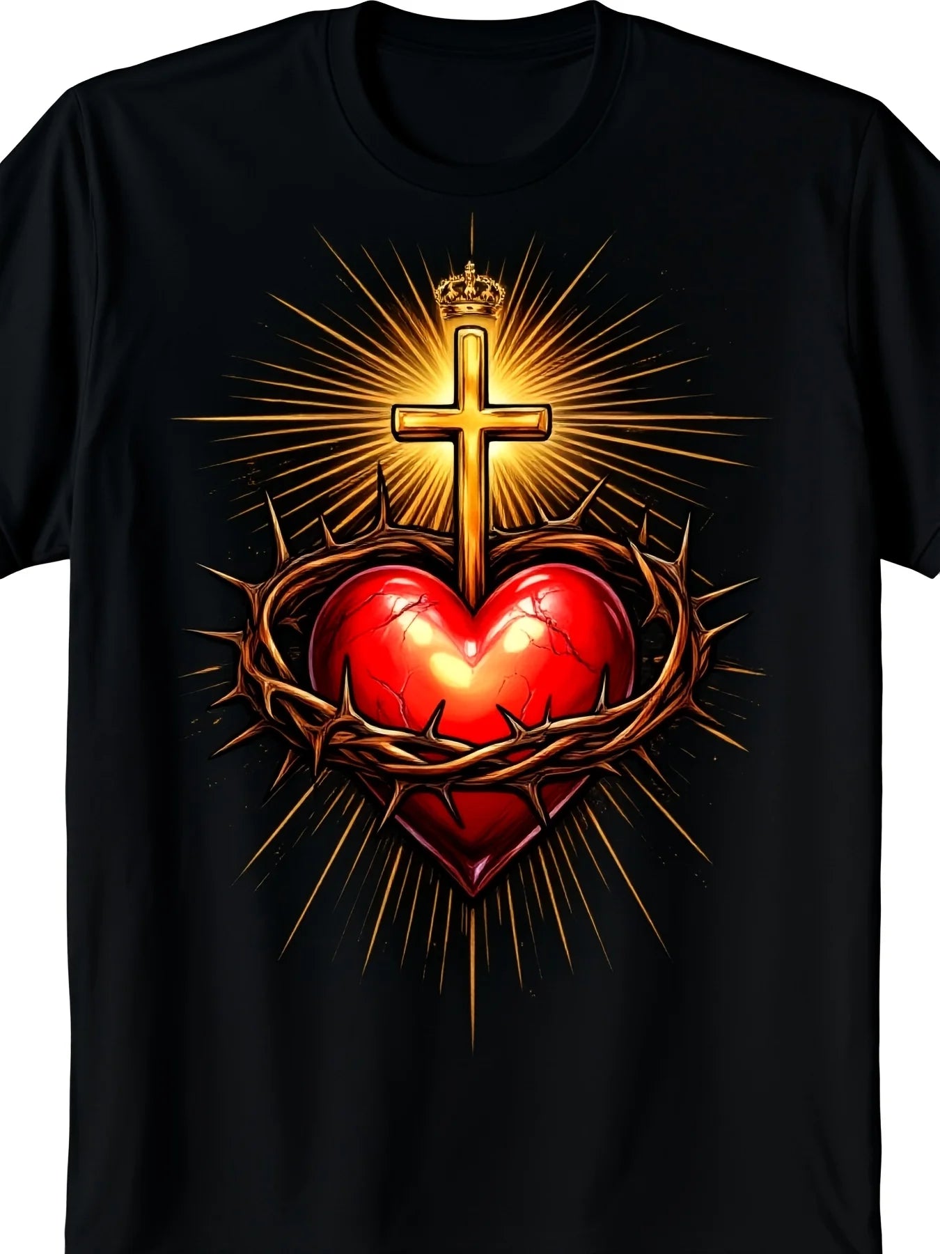 Sacred Heart of Jesus Catholic Faith Oversize Tshirt Black Soft Crew Neck Short Sleeve Tee with Radiant Red Heart Crown Cross Design Religious Apparel for Men Casual Wear Sports10Retro Casual Short-sleeved T-shirt with a Round Neck and Printed