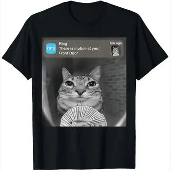 2026 Summer There Is Motion At Your Front Door Funny Silly Cat TShirt for Men Pure Cotton T-shirt Oversize Unseix Fashion Tops