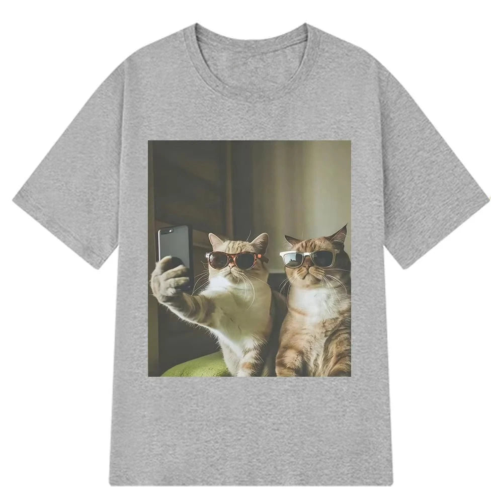 HOT SALE Retro Selfie Friends Funny Cat Meme T-shirt Men Women Harajuku Fashion T-shirt Short Sleeve Cotton Hip Hop Casual Tee