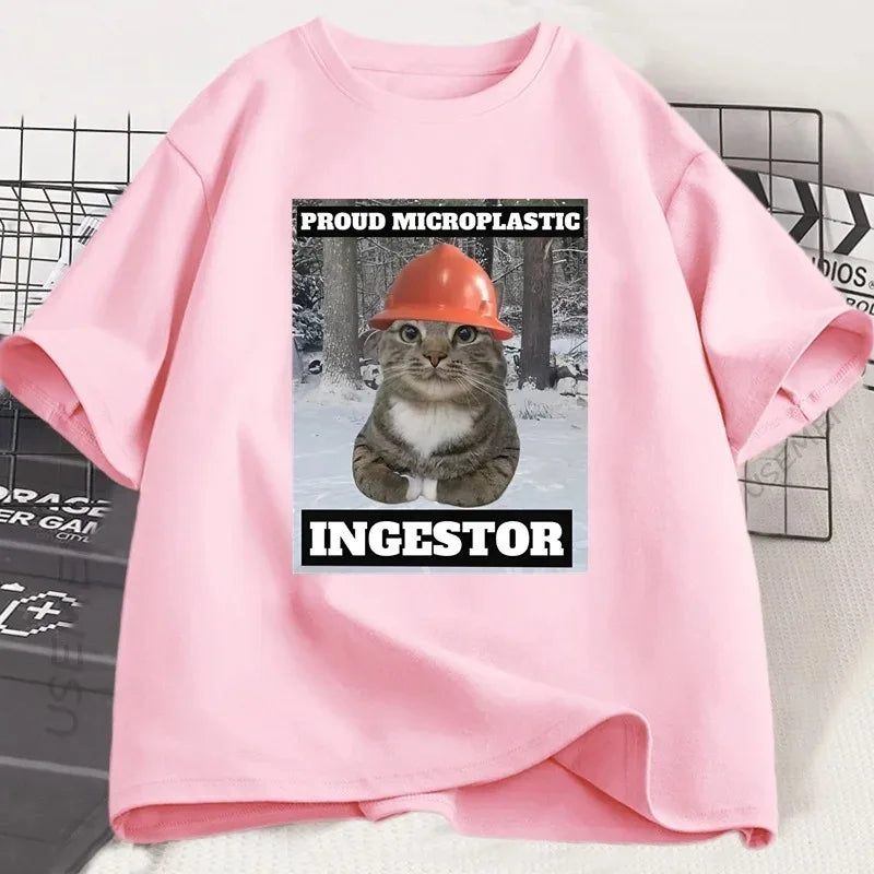 Cat Meme T Shirt Proud Microplastic Cat T-Shirt Short Sleeve Graphic Tee Cotton Casual O Neck Fashion T-shirt Streetwearw Unisex