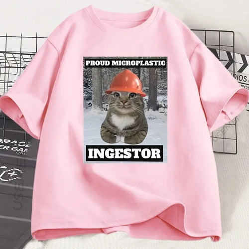 Cat Meme T Shirt Proud Microplastic Cat T-Shirt Short Sleeve Graphic Tee Cotton Casual O Neck Fashion T-shirt Streetwearw Unisex