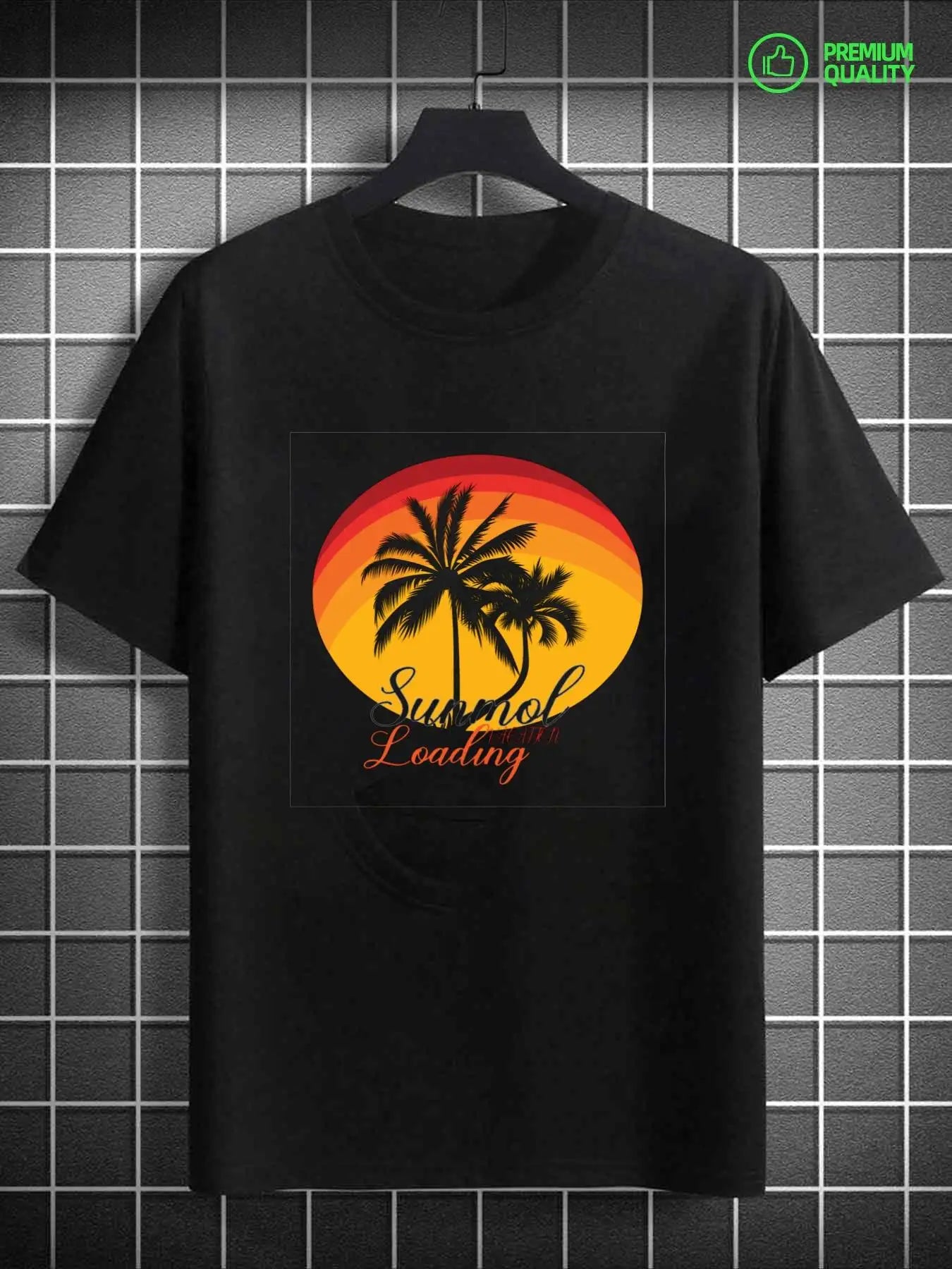 Vintage Men's Black Graphic T-Shirt Sunset Palm Tree Tropical Beach Sun N Not Loading Retro Graphic 100% Cotton Heavyweight Short Sleeve Casual Streetwear Tee