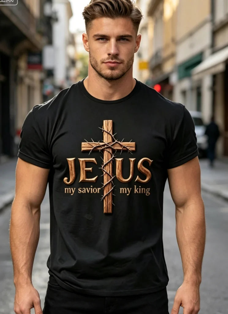 Men'S Short-Sleeve Round Neck T-Shirt Featuring A Creative Print of A Camo Cross with Deer Antlers, Fish, and An Anchor T-Shirt