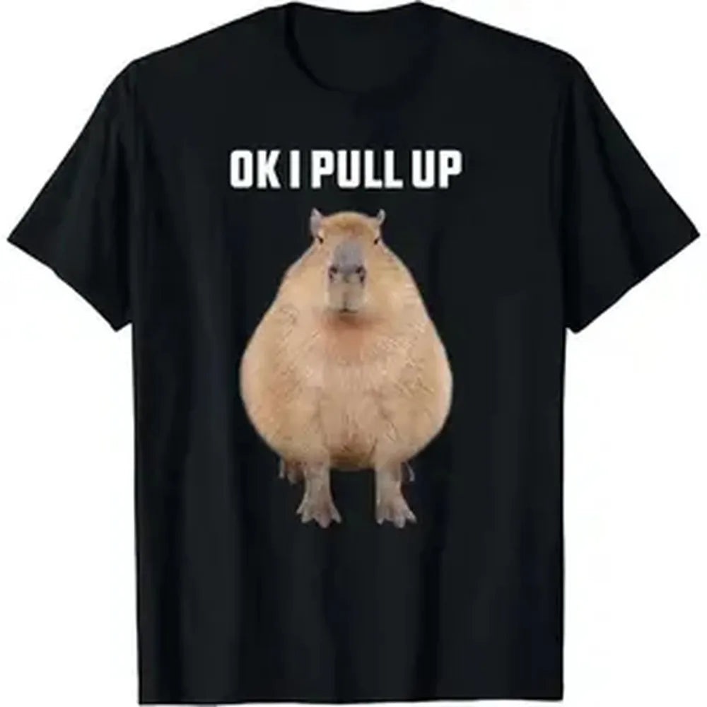 Funny Capybara Round Neck Tshirt - "Ok I Pull Up" Graphic Print, Soft Casual Short-Sleeve Menswear Streetwear Top for Men