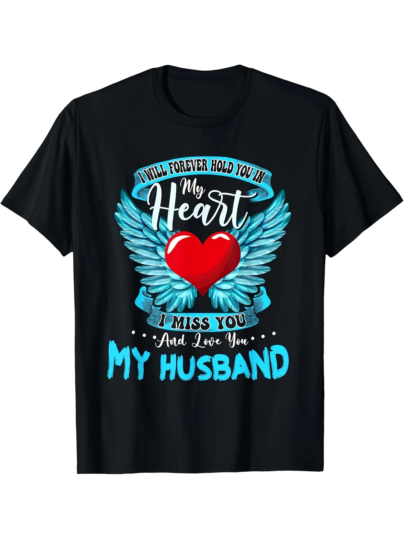 Men' I Will Forever Hold You In My Heart T-Shirt - Love & Miss My Husband Memorial Tee with Winged Heart Design, Black Retro Round Neck Short Sleeve Shirt, Comfortable Casual Wear for Loss of Spouse Gift, Machine Washable