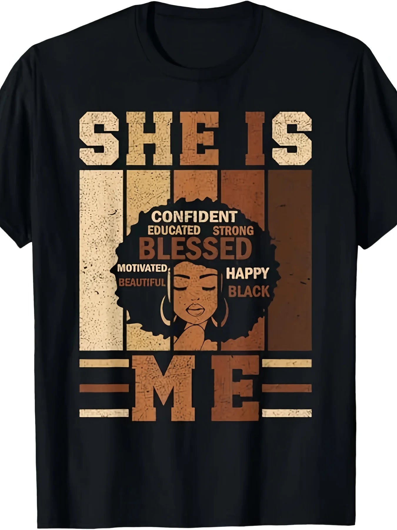 &Lt;She Is Me&Gt; Black History Power Day Juneteenth T-Shirt - Unisex Teenager Casual Crew Neck Short Sleeve T-Shirt, Featuring an African Teenager Portrait And Positive Affirmations (Educated, Powerful, Beautiful, For Teenager