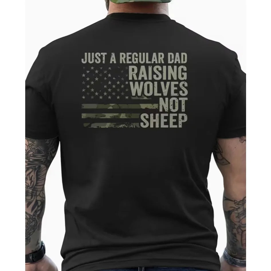 Men's Funny T-Shirt- USA Flag Soldier Camo Regular Fit Raise Wolves Not Sheep Men's Back Print T-Shirt
