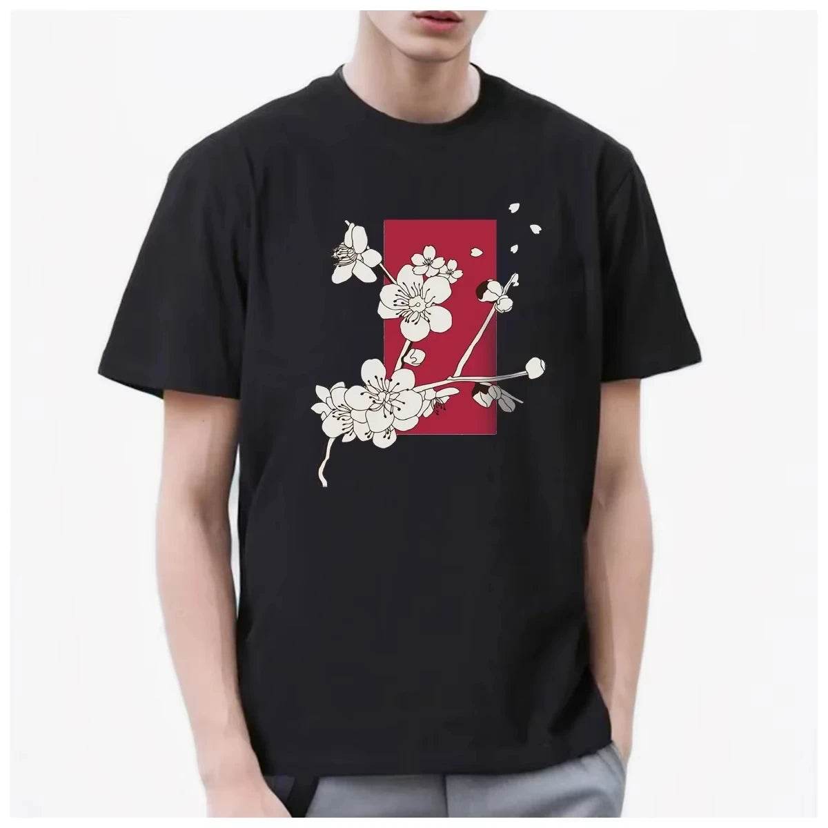 HOT SALE Dongdongjing Cherry Blossom White Crane Fan Beautiful Tee Men T Shirt Women Fashion Soft Comfortable Cotton Casual Top