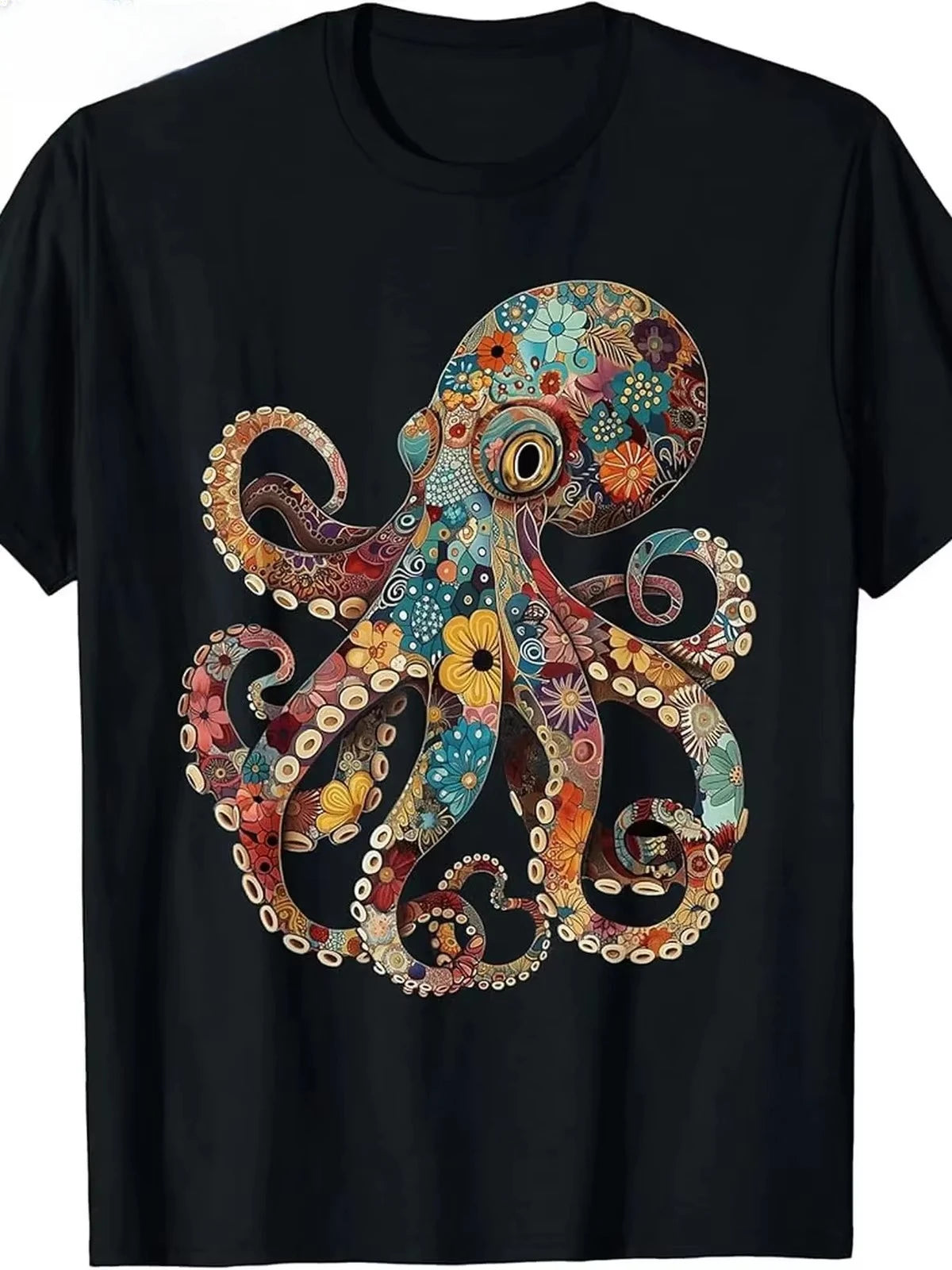 Hot New Fashion Colorful Design Men's Vintage Floral Octopus T-Shirt Colorful Kraken Design Soft and Comfortable Clothing