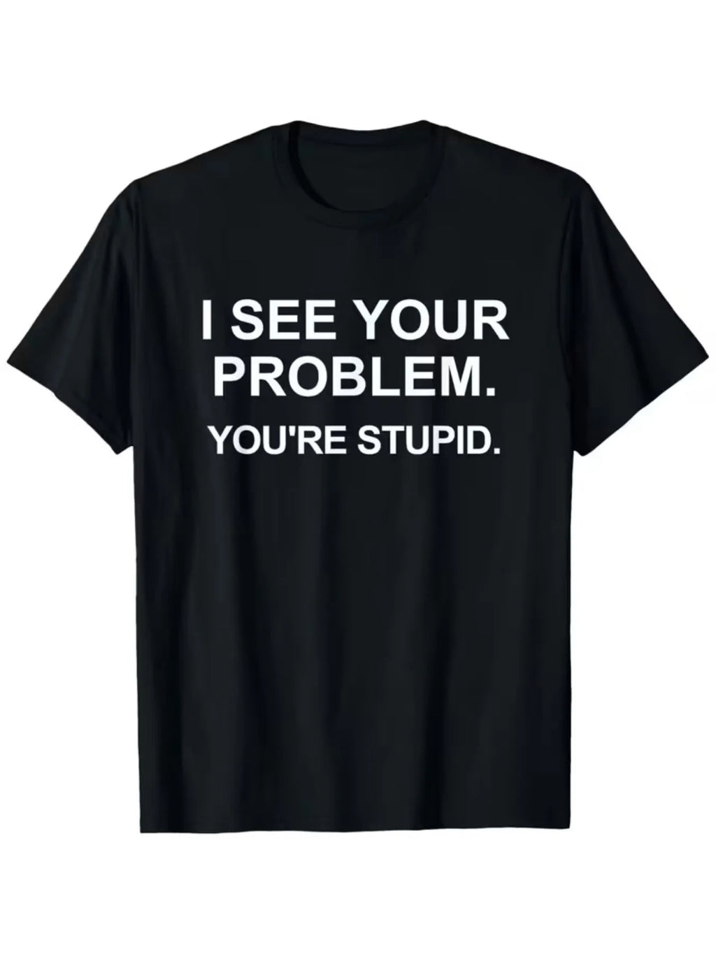 [Plus Size Casual T-Shirt] Black Plus Size Short Sleeve T-Shirt - "I See Through Your Problem, You Are So Stupid" Fun Print, Round Neck Design, Comfortable for Daily Wear, Suitable for Casual Outings And Relaxing Time