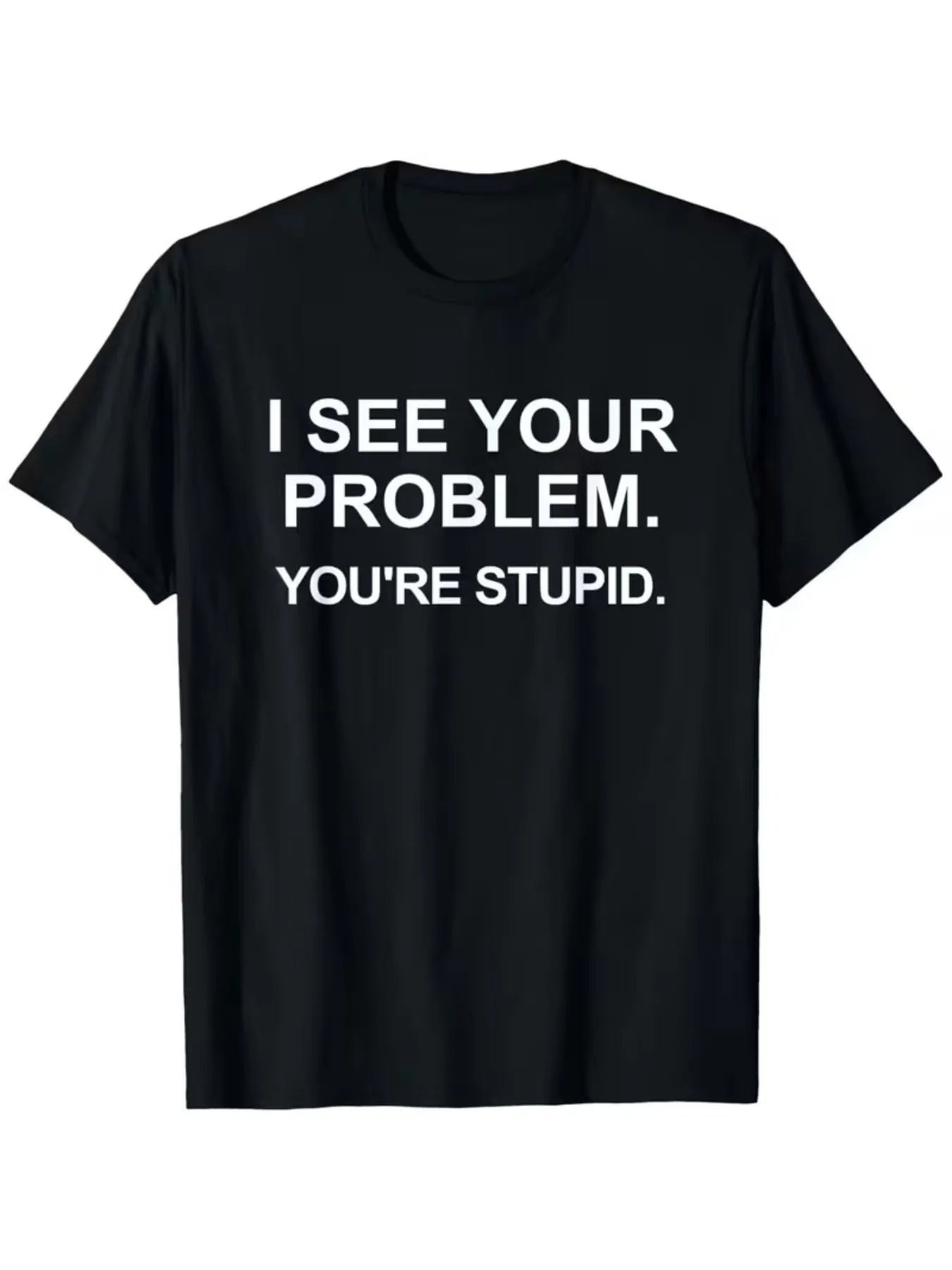 [Plus Size Casual T-Shirt] Black Plus Size Short Sleeve T-Shirt - "I See Through Your Problem, You Are So Stupid" Fun Print, Round Neck Design, Comfortable for Daily Wear, Suitable for Casual Outings And Relaxing Time