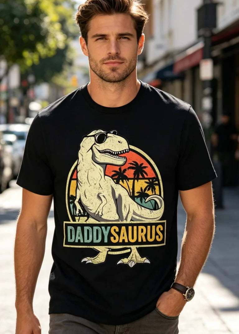 Daddysaurus T-Rex Dinosaur Family Matching T-Shirt - Casual Round Neck Tee with Rex, Spring Summer for Dad & for Family Outfits