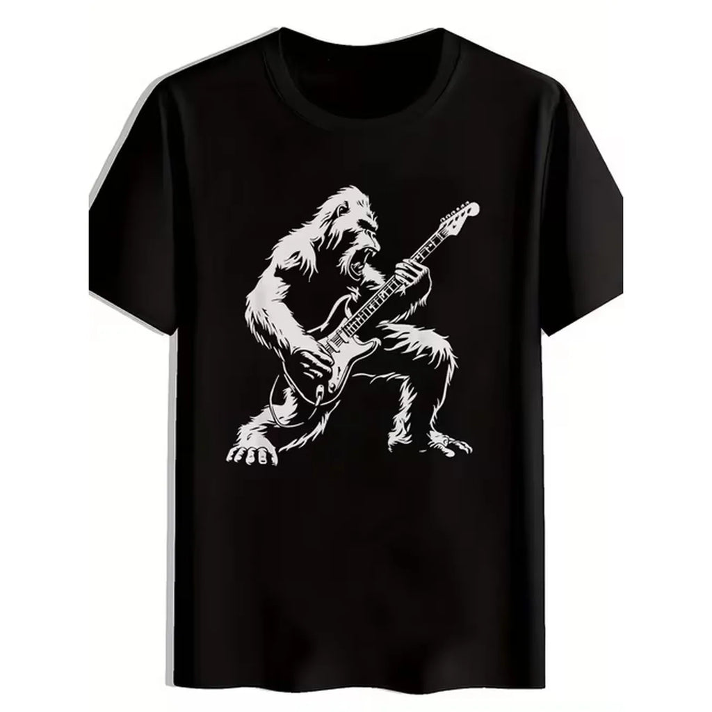item picture mens casual black t shirt with gorilla electric guitar print round neck short sleeve summer style regular fit size everyday tshirt graphic tee