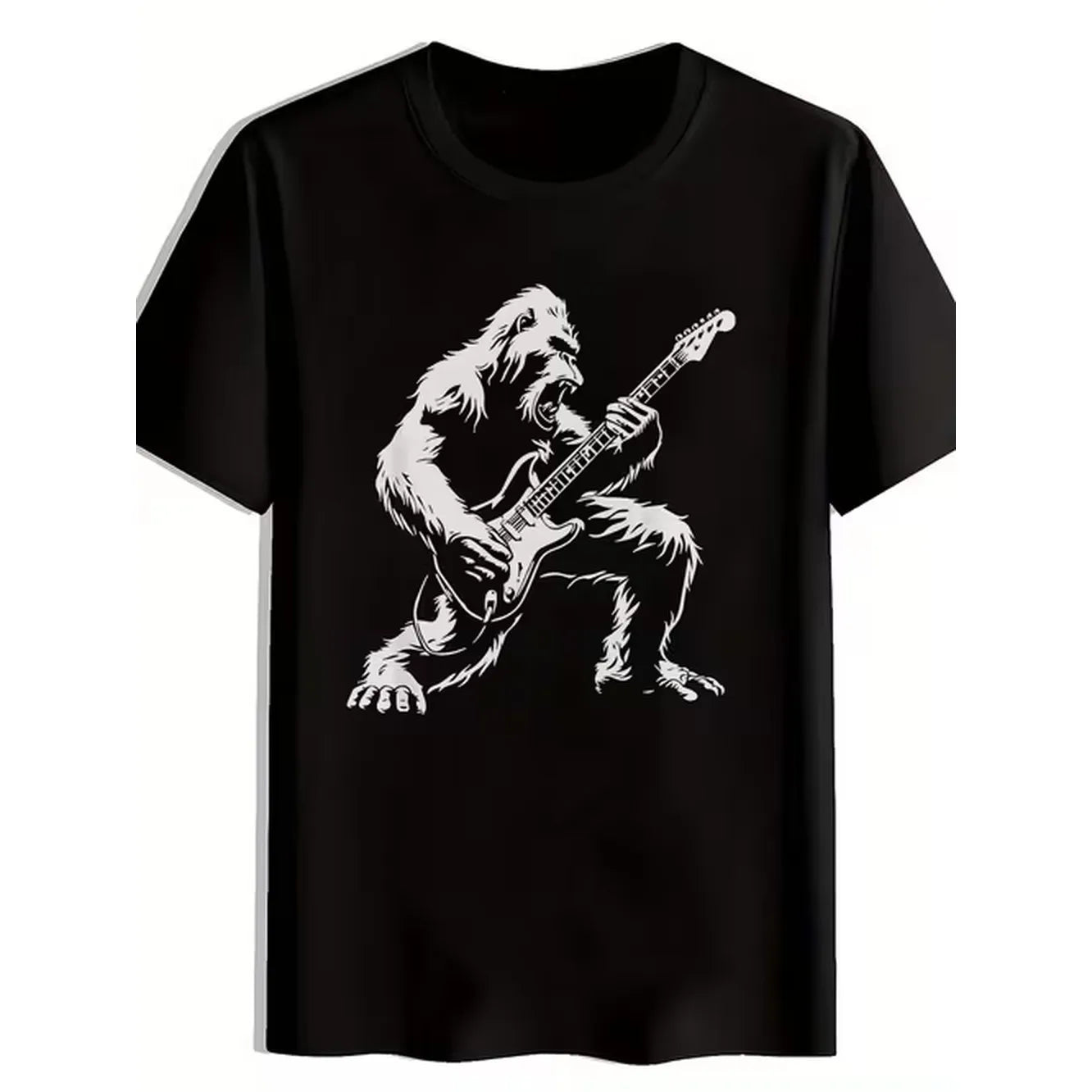 item picture mens casual black t shirt with gorilla electric guitar print round neck short sleeve summer style regular fit size everyday tshirt graphic tee