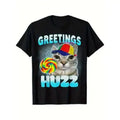 Men's Unisex Printed Short-Sleeve T-Shirt with Collars, Comfy Cotton Fabric, Playful "Where The Huzz At" Cat Meme Design, Streetwear Basic Tee for Cat Lovers