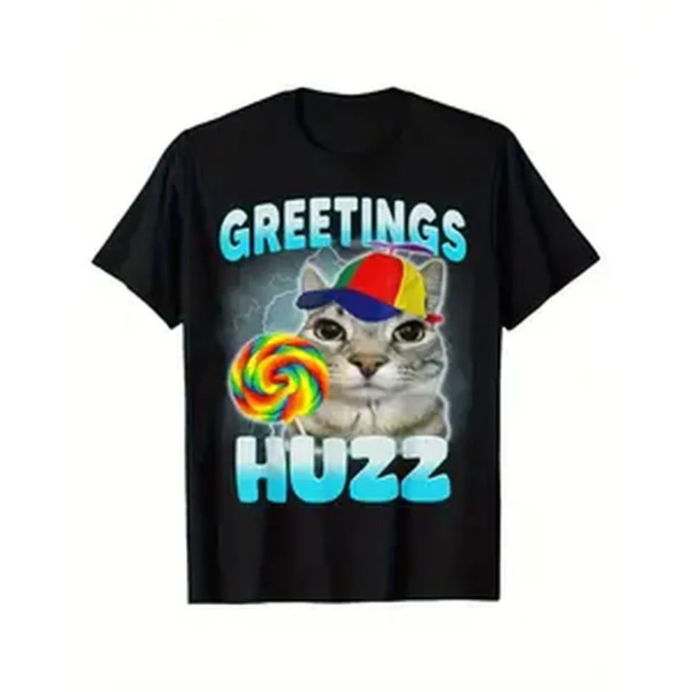 Men's Unisex Printed Short-Sleeve T-Shirt with Collars, Comfy Cotton Fabric, Playful "Where The Huzz At" Cat Meme Design, Streetwear Basic Tee for Cat Lovers