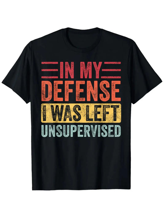 Fun "I'M Defending Because No One Takes Care of Me" Retro T-Shirt- Eye-Catching Humorous Graphic T-Shirt, Multi-Color Text, Lightweight Short-Sleeve Crew Neck Casual Shirt, Suitable for Men And Women, All Seasons, Suitable for Gym, Outdoor