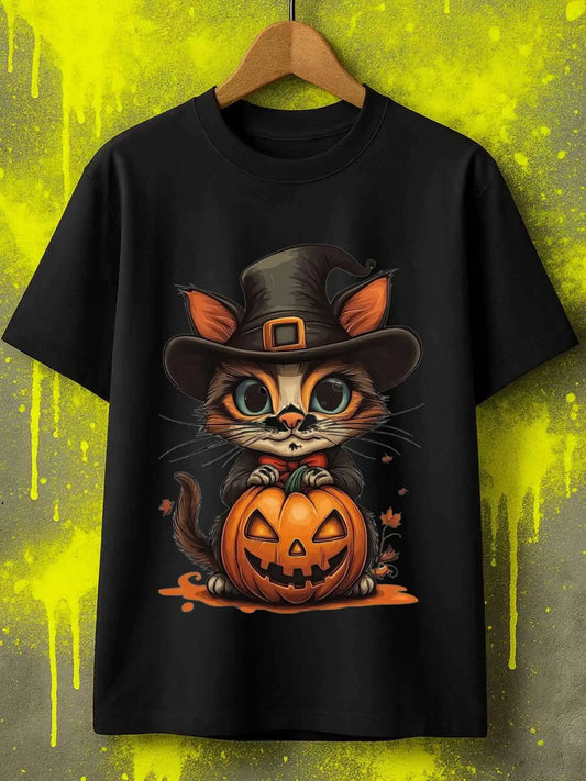 Cute Men's Black Graphic T-Shirt Cat Wearing Witch Hat Holding Jack O Lantern Pumpkin Autumn Cartoon Illustration 100% Cotton Heavyweight Short Sleeve Casual Streetwear Tee