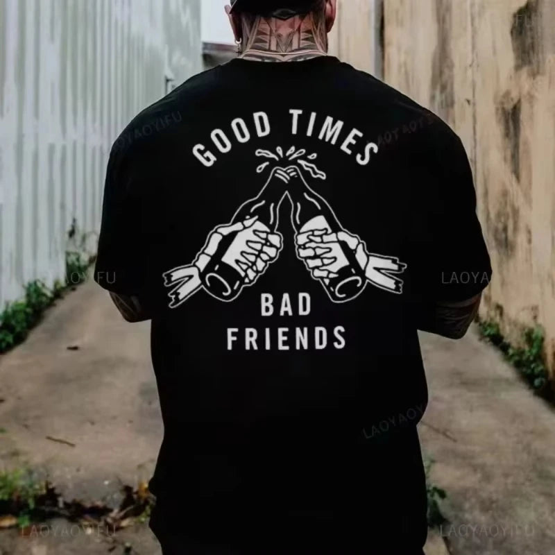 2025 New Summer Biker Drinking Beer Skull Graphic Men's Cotton T-Shirt Punk Rock Streetwear Vintage Halloween Party Casual HOT