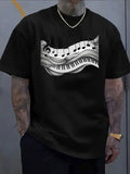 Men's Oversized Music Note & Piano Key T-Shirt - Stretch Fabric Round Neck Short Sleeve Tee Suitable for Outdoor Activities, Casual Wear,, Machine Washable, Music-Themed Apparel for Musicians & Everyday Use