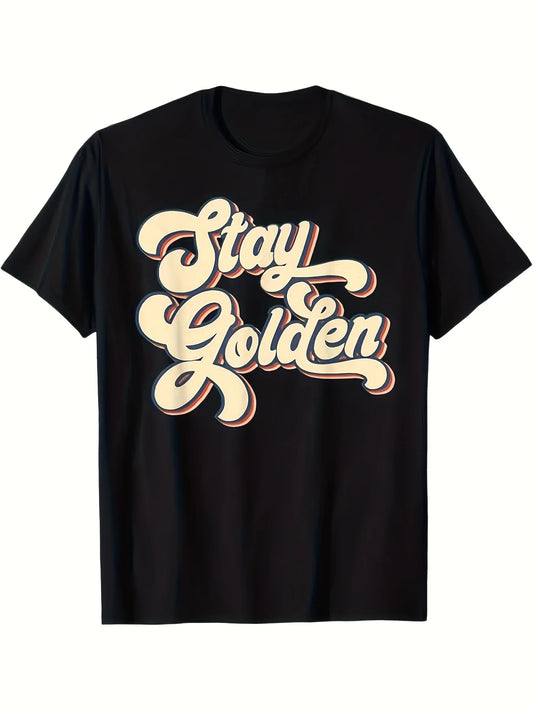 Vintage Men's Black Graphic T-Shirt Stay Golden Retro Script Slogan Cream Shadow Letter Print 100% Cotton Heavyweight Short Sleeve Casual Streetwear Tee