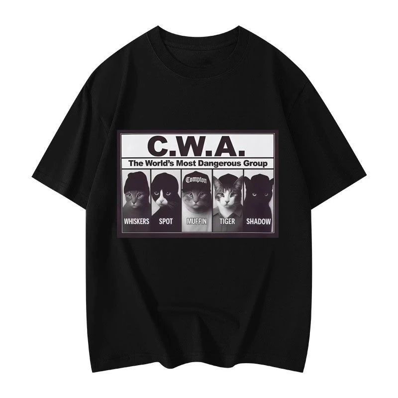 HOT SALE CWA The Worlds Most Dangerous Group Funny Cat Meme Graphic T Shirts Fashion Vintage Short Sleeve T-shirt Cotton T-shirt