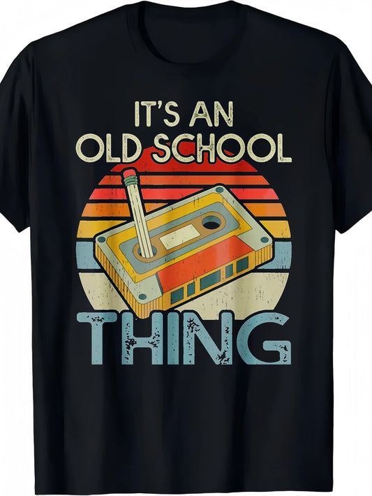 Retro Cassette Tape Design T-Shirt for Both Men And Women, Featuring an 80S And 90S Music Theme, Casual Crew Neck Style, Available in Sizes 1XL to 5XL, with Black Stripes And a Print That Says 'This Is Old School Style', Plus Size