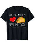 Funny Men's Black Graphic T-Shirt Heart Taco Love and Tacos Bold Letter Food Humor Illustration 100% Cotton Heavyweight Short Sleeve Casual Streetwear Tee