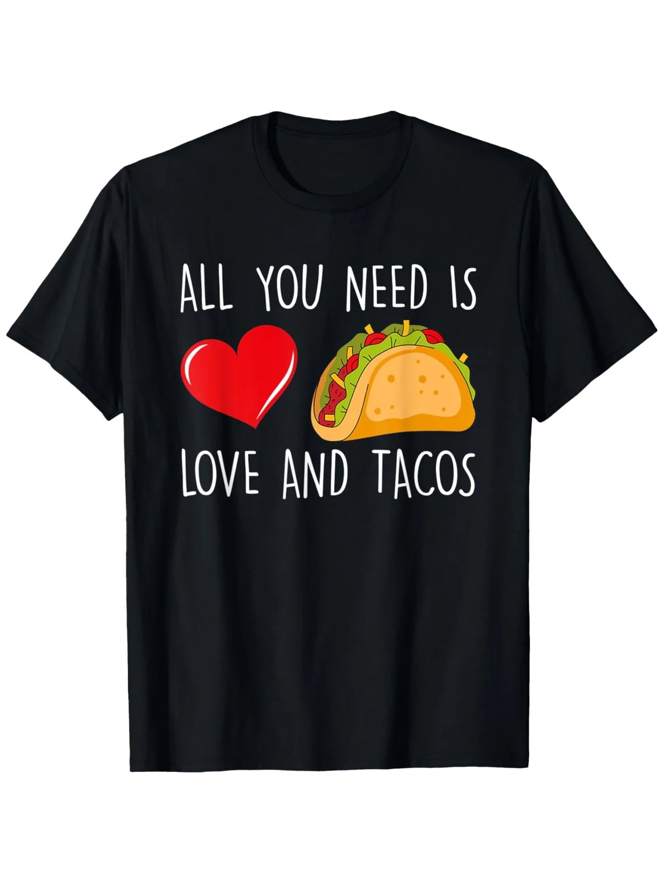 Funny Men's Black Graphic T-Shirt Heart Taco Love and Tacos Bold Letter Food Humor Illustration 100% Cotton Heavyweight Short Sleeve Casual Streetwear Tee