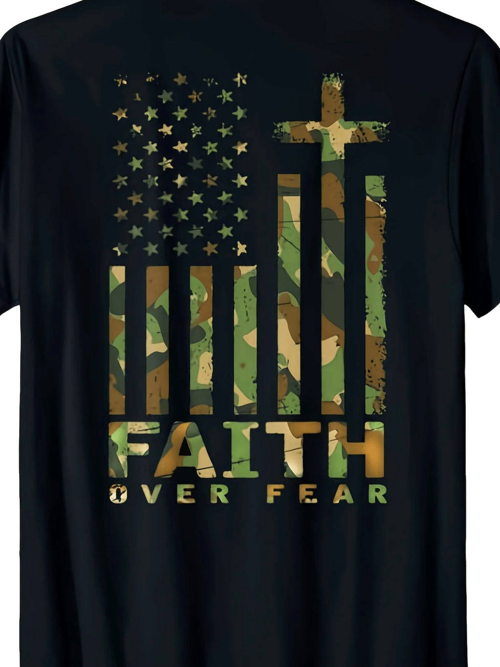 Men'S Inspirational T-Shirt Featuring Camouflage And The American Flag, Designed with a Faith Over Fear Motif, Short Sleeves, Crew Neck, Perfect for All Seasons, Soft And Comfy, Machine Washable, Plus Size
