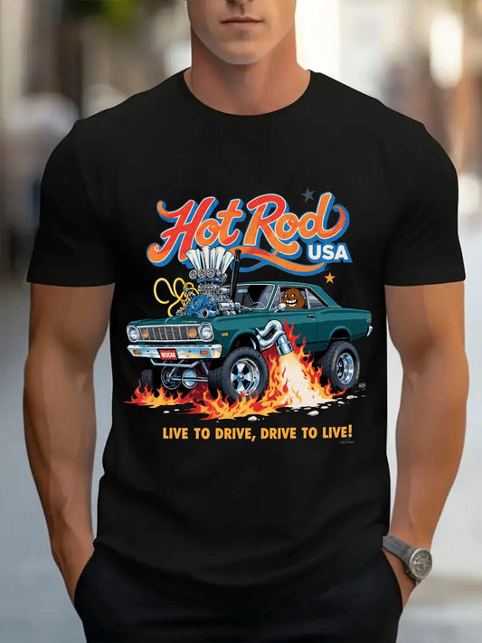 [Vintage Hot Rod Tee] Men's Vintage Hot Rod Muscle Car T-Shirt - Retro American Racing Tee with Hot Rod & Driver Graphics, Loose Fit Streetwear Shirt Suitable for Car Enthusiasts, Casual Wear for Hot Rodding Events & Automotive Gifts, PLUS SIZE