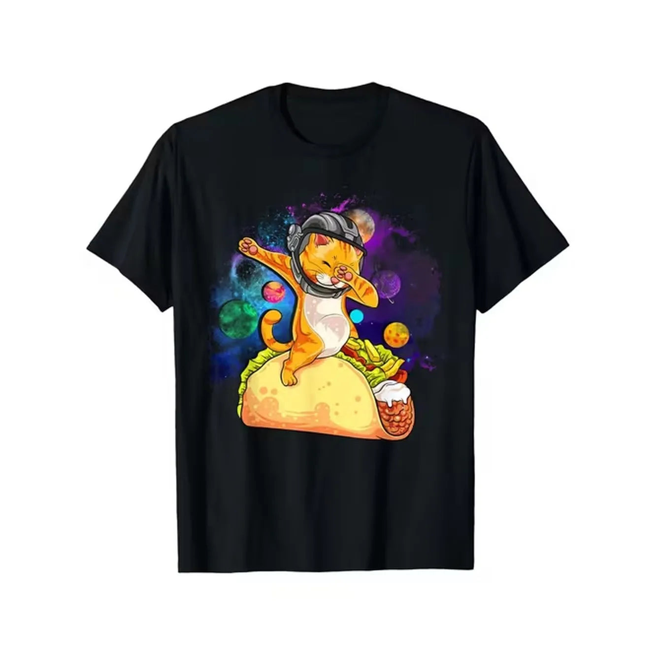 item picture mens black tee featuring a in space colorful astronaut cat on taco print short sleeves round neck lightweight and for everyday use space themed t shirt