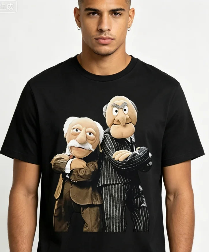 Men's Statler and Waldorf Black T-Shirt From The Muppet Show Fun Short-Sleeve Graphic Tee Merchandise Character Print Printing