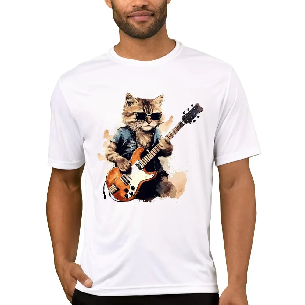 HOT SALE Vintage Cat Play Guitar Men T-Shirt Fashion Streetwear Short Sleeve T Shirts Hipster Music Tee Cool Tops Music Lover