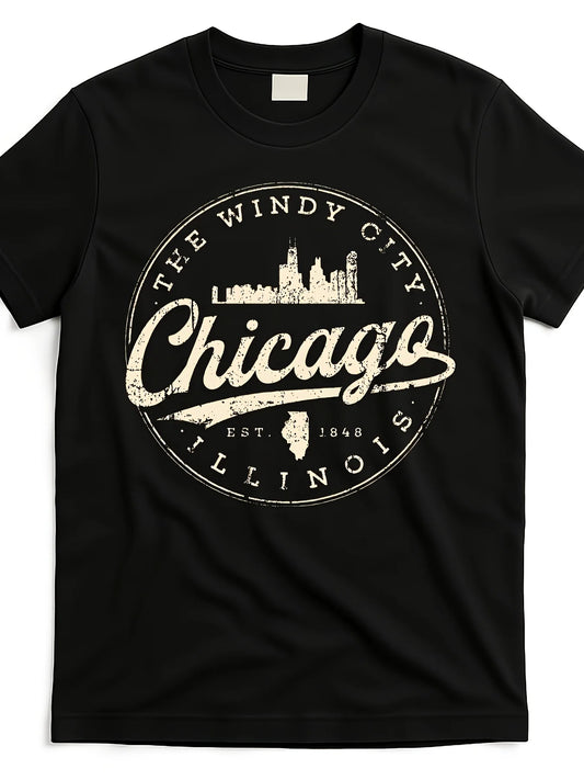 A Stylish Vintage Tee Featuring The Windy City Chicago Illinois Designed for Both Men And Unisex This Comfortable Shirt Has a Round Neck And Short Sleeves Perfect for Summer 2025 with a TrenRetro Casual Short-sleeved T-shirt with a Round Neck