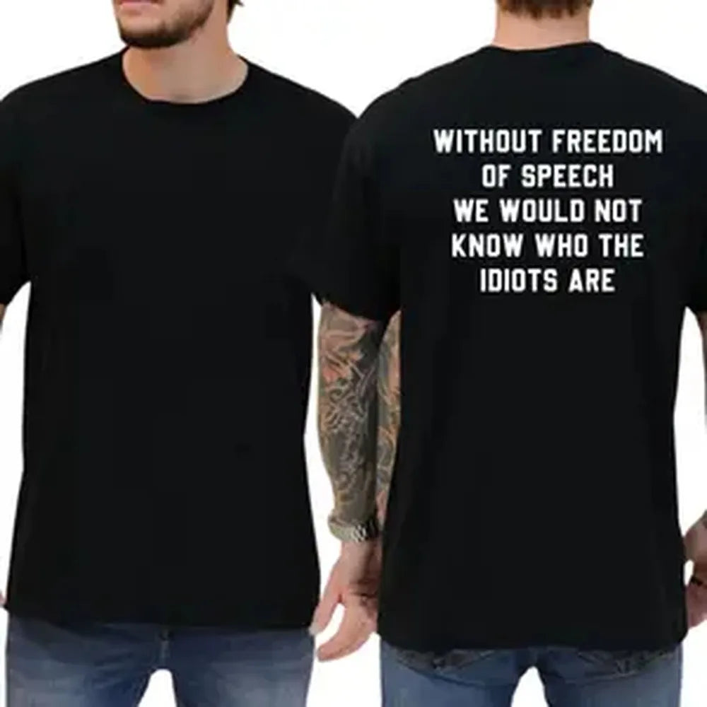 Menswear Graphic T-Shirt, 'Freedom of Speech' Funny Quote Tee, Casual Round Neck Top in Soft Cotton, Loose Fit
